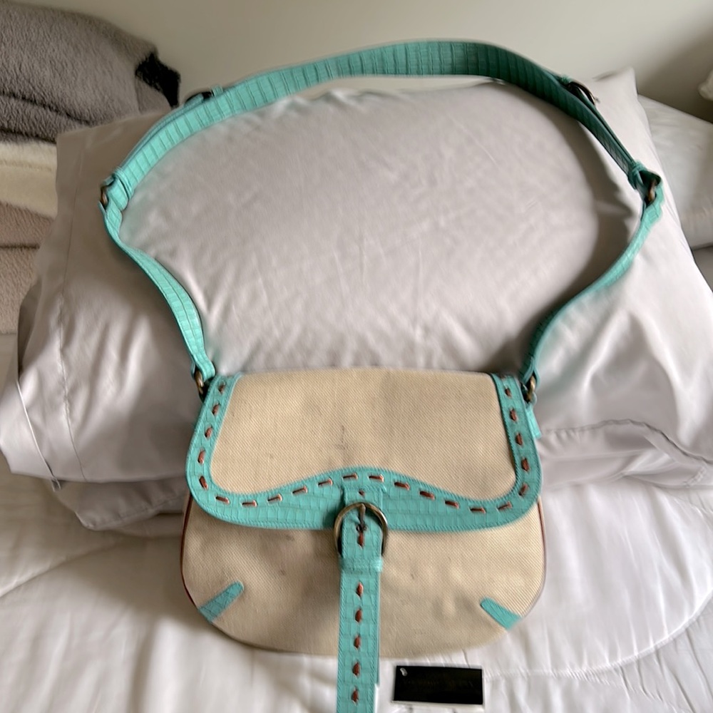 Donald J Pliner turquoise leather & canvas  bag w/ antique leather& brass hdwr